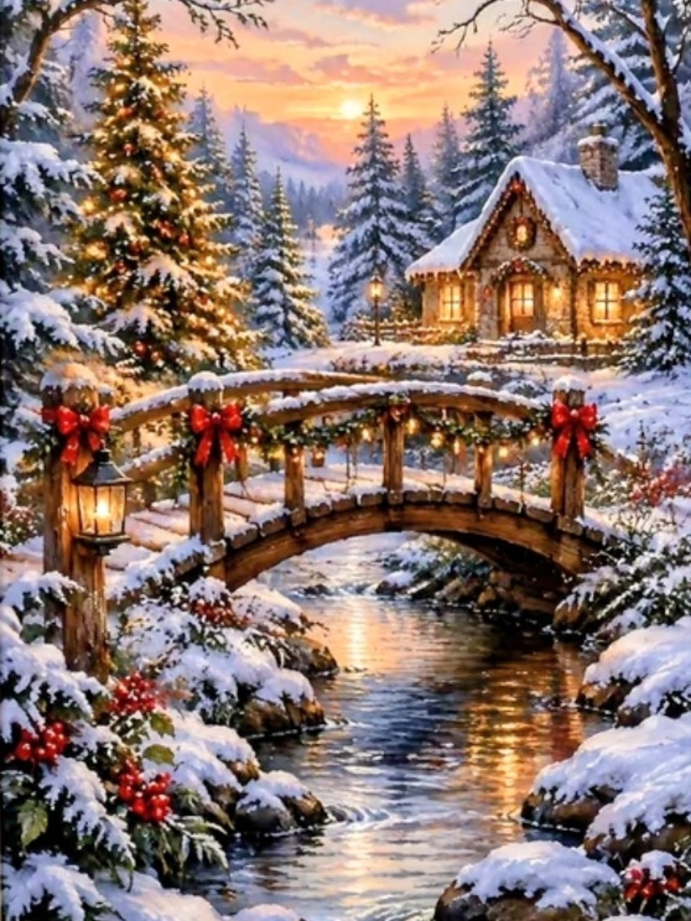 Holiday Winter Bridge Canvas Print - Red Accents 8x10